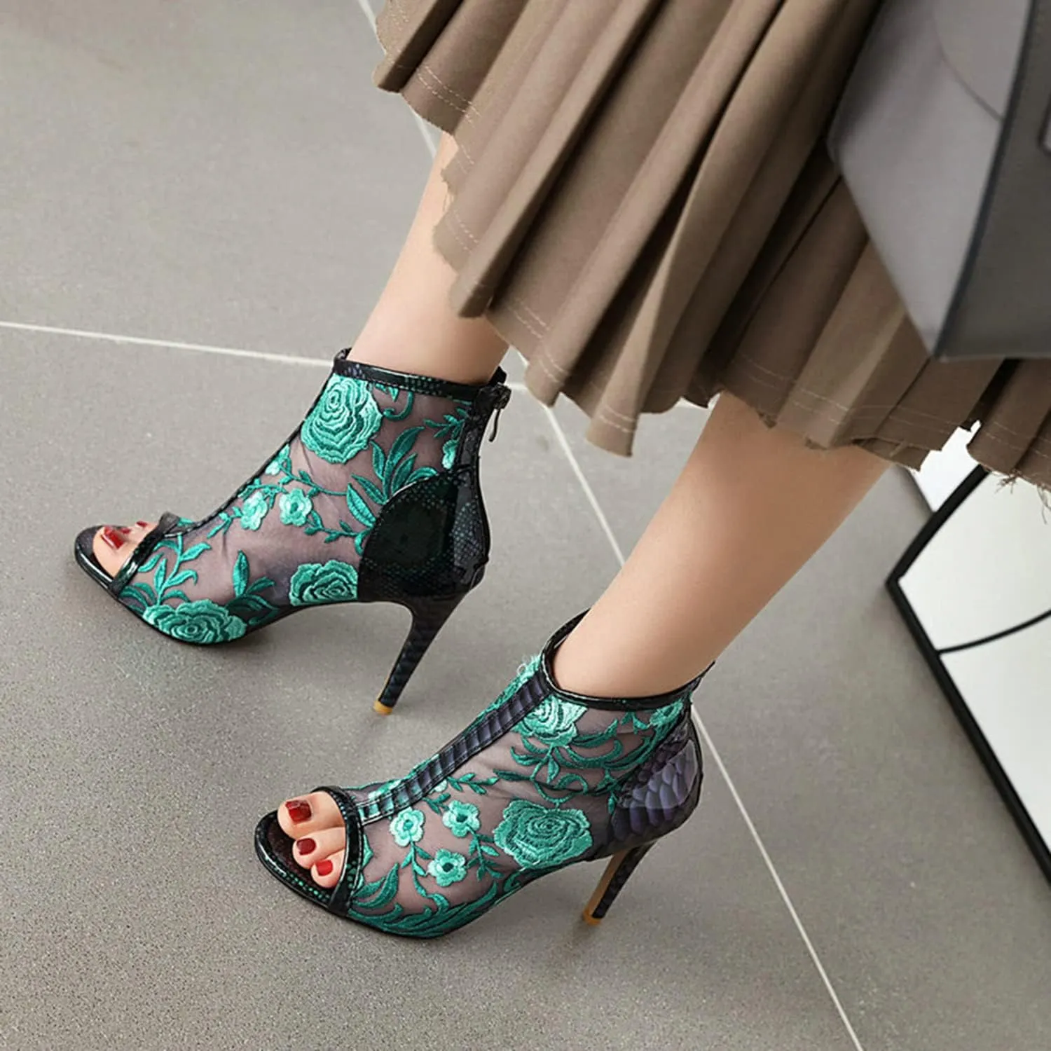 bbruriy Women's Lace Mesh Floral Embroidered Stiletto Heels Ankle Boots Peep Toe Back Zipper Bootie Summer Fashion Night Club Party Pumps Shoes