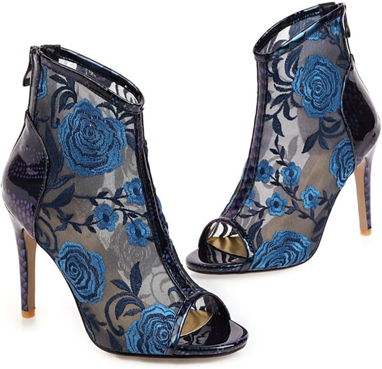 bbruriy Women's Lace Mesh Floral Embroidered Stiletto Heels Ankle Boots Peep Toe Back Zipper Bootie Summer Fashion Night Club Party Pumps Shoes