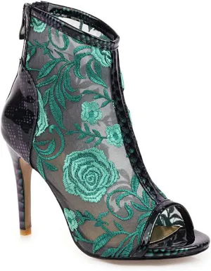 bbruriy Women's Lace Mesh Floral Embroidered Stiletto Heels Ankle Boots Peep Toe Back Zipper Bootie Summer Fashion Night Club Party Pumps Shoes