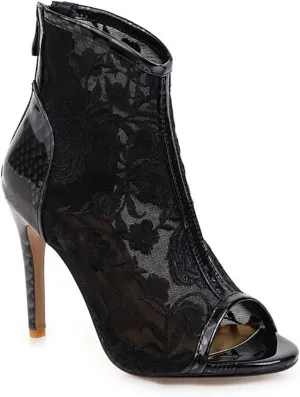 bbruriy Women's Lace Mesh Floral Embroidered Stiletto Heels Ankle Boots Peep Toe Back Zipper Bootie Summer Fashion Night Club Party Pumps Shoes