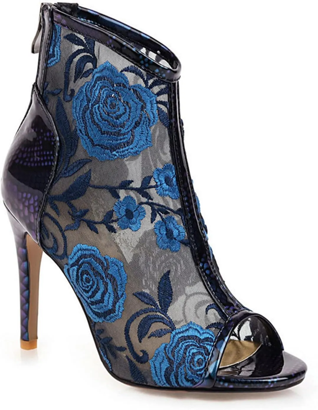 bbruriy Women's Lace Mesh Floral Embroidered Stiletto Heels Ankle Boots Peep Toe Back Zipper Bootie Summer Fashion Night Club Party Pumps Shoes