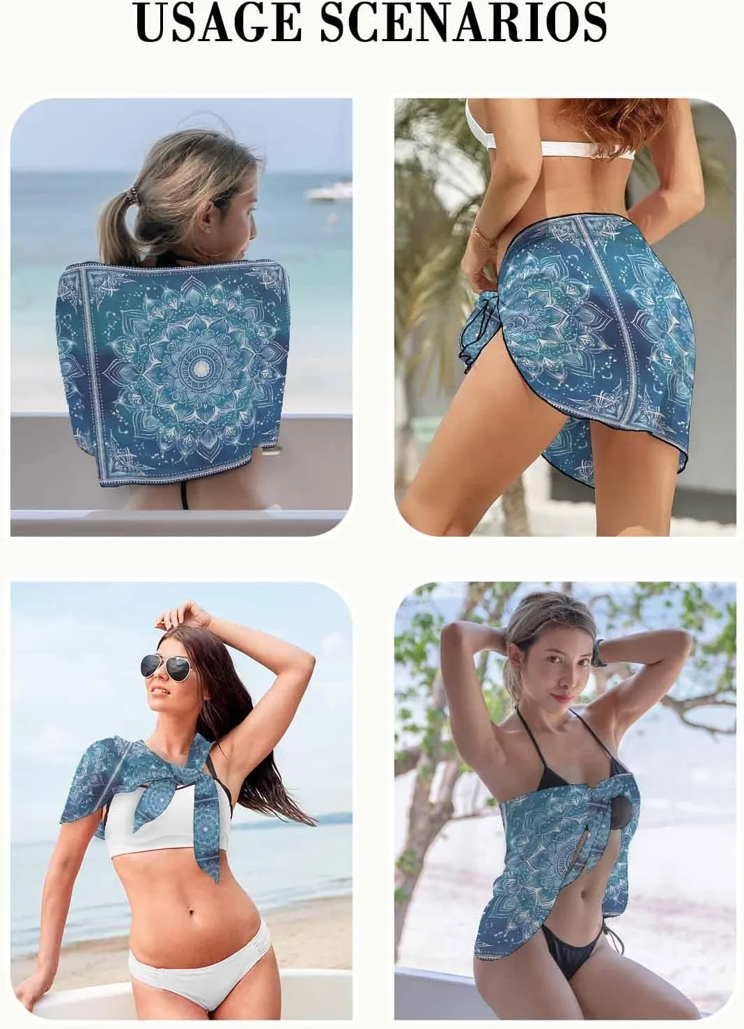 Blue Boho Flowers Women's Swimsuit Coverup, Short Sarong Beach Wrap Skirt, Ethnic Farmhouse Abstract Floral Art