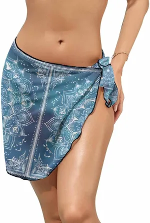 Blue Boho Flowers Women's Swimsuit Coverup, Short Sarong Beach Wrap Skirt, Ethnic Farmhouse Abstract Floral Art