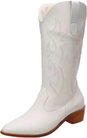Boots For Women Fashion Dressy Low Heel Cowboy Boots Pull-On Embroidered Cowgirl Knee High Retro Classic Western Boots