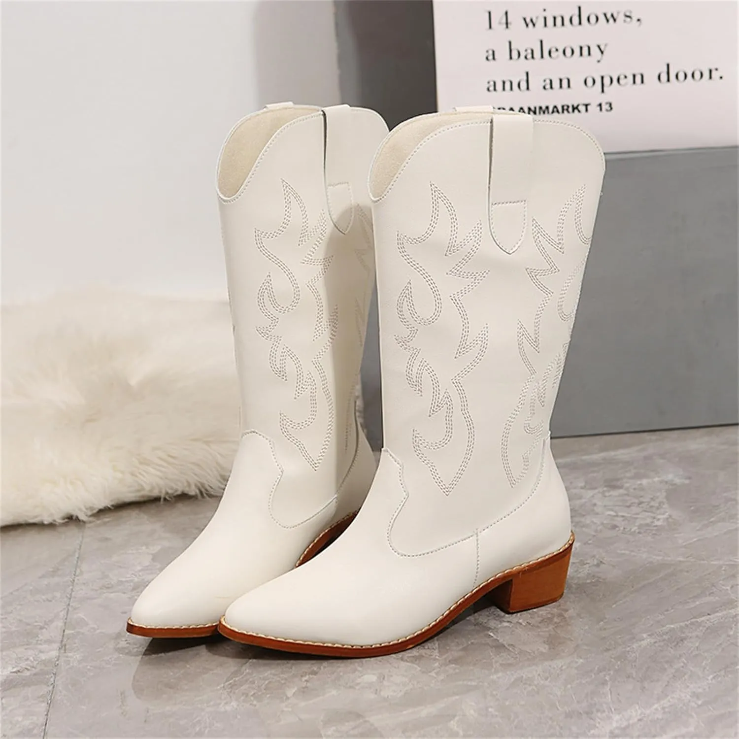 Boots For Women Fashion Dressy Low Heel Cowboy Boots Pull-On Embroidered Cowgirl Knee High Retro Classic Western Boots