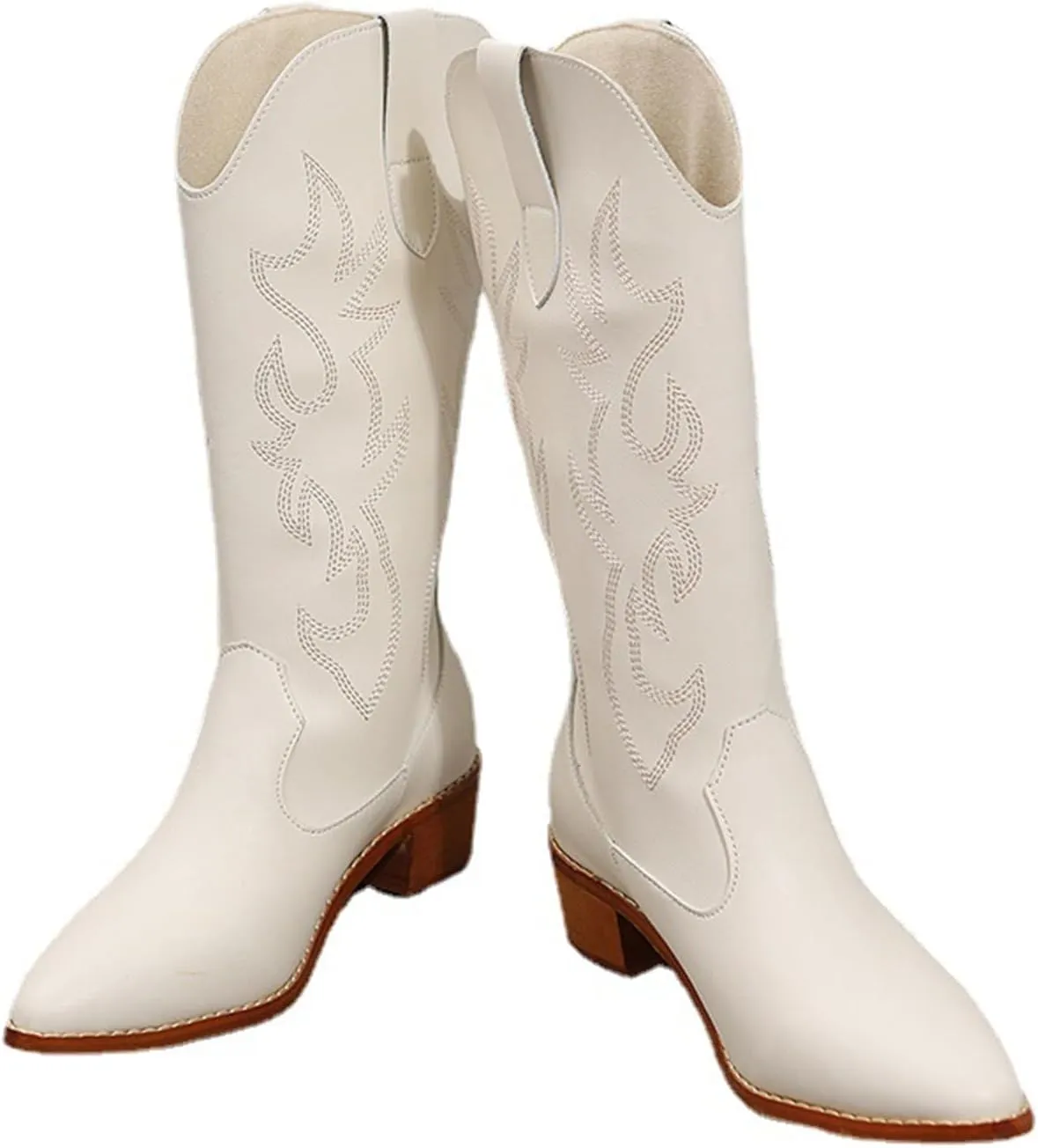 Boots For Women Fashion Dressy Low Heel Cowboy Boots Pull-On Embroidered Cowgirl Knee High Retro Classic Western Boots