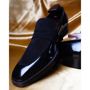 Brushed Black Square Toe Suede Detail Penny Loafers