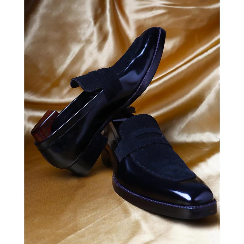 Brushed Black Square Toe Suede Detail Penny Loafers