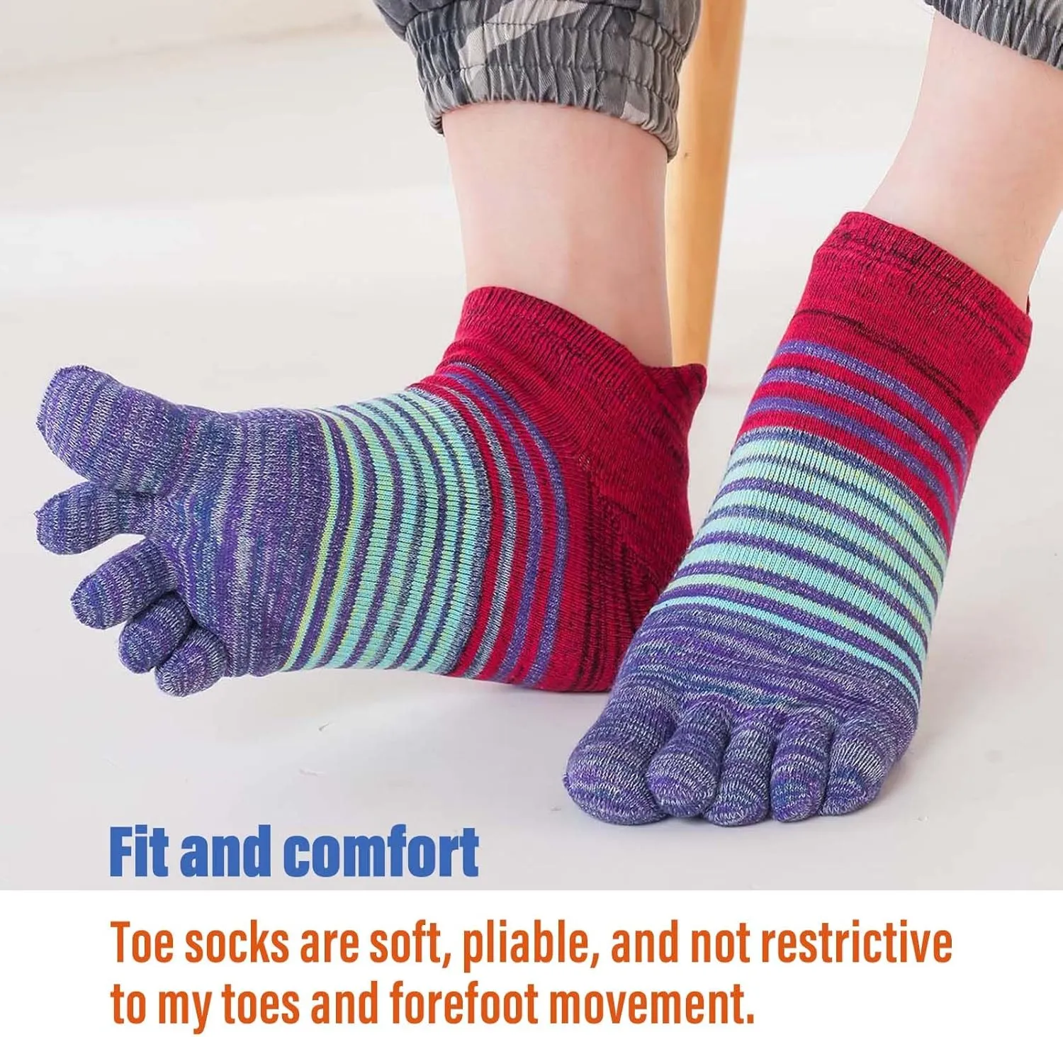 CaiDieNu Womens Toe Socks Cotton Crew Five Finger Socks Girls Colorful Stripe Socks for Running Athletic 4/5 Pairs
