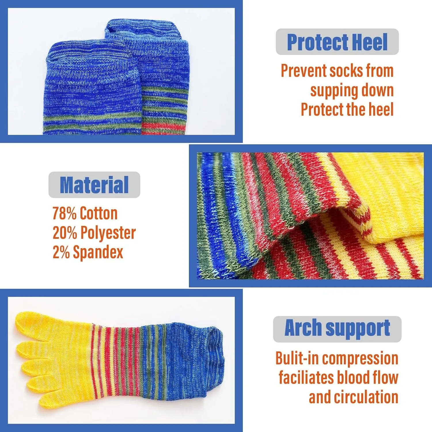 CaiDieNu Womens Toe Socks Cotton Crew Five Finger Socks Girls Colorful Stripe Socks for Running Athletic 4/5 Pairs
