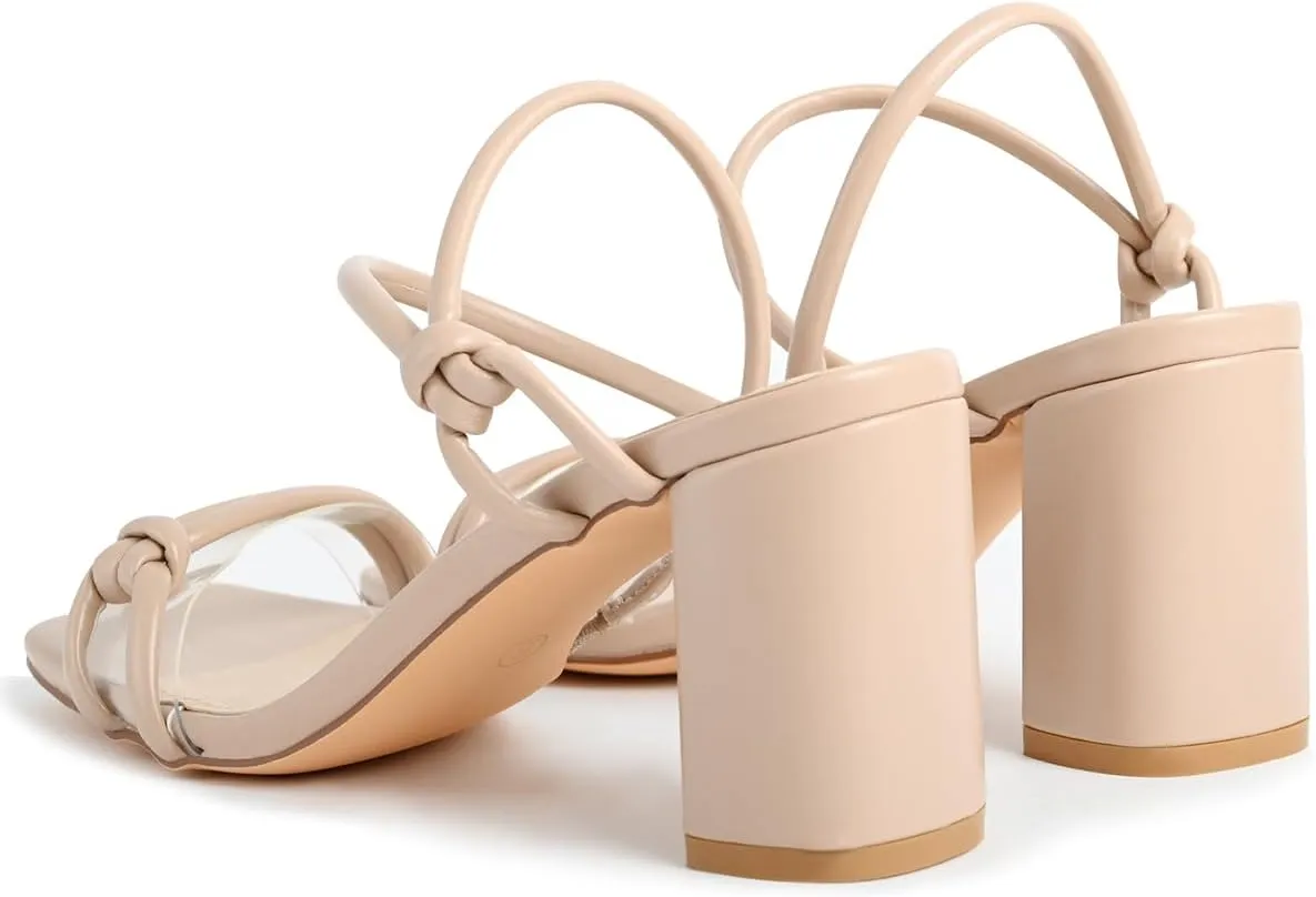 Chunky Heels for Women Square Open Toe Two Knotted Strap Pump Block Heeled Sandals Two Way Wear Slip On Black Nude High Heels