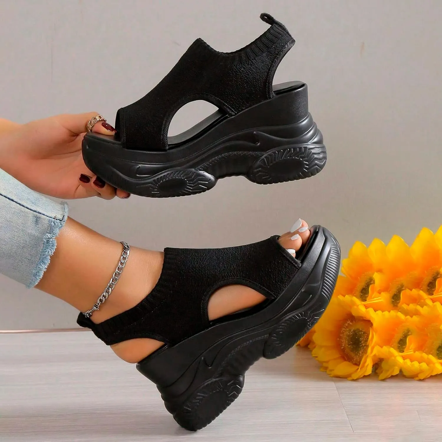 Contrast Paneled Cutout Lace-Up Muffin Sandals for Women Causal Summer Open Toe Platform Muffin Sandal Shoes
