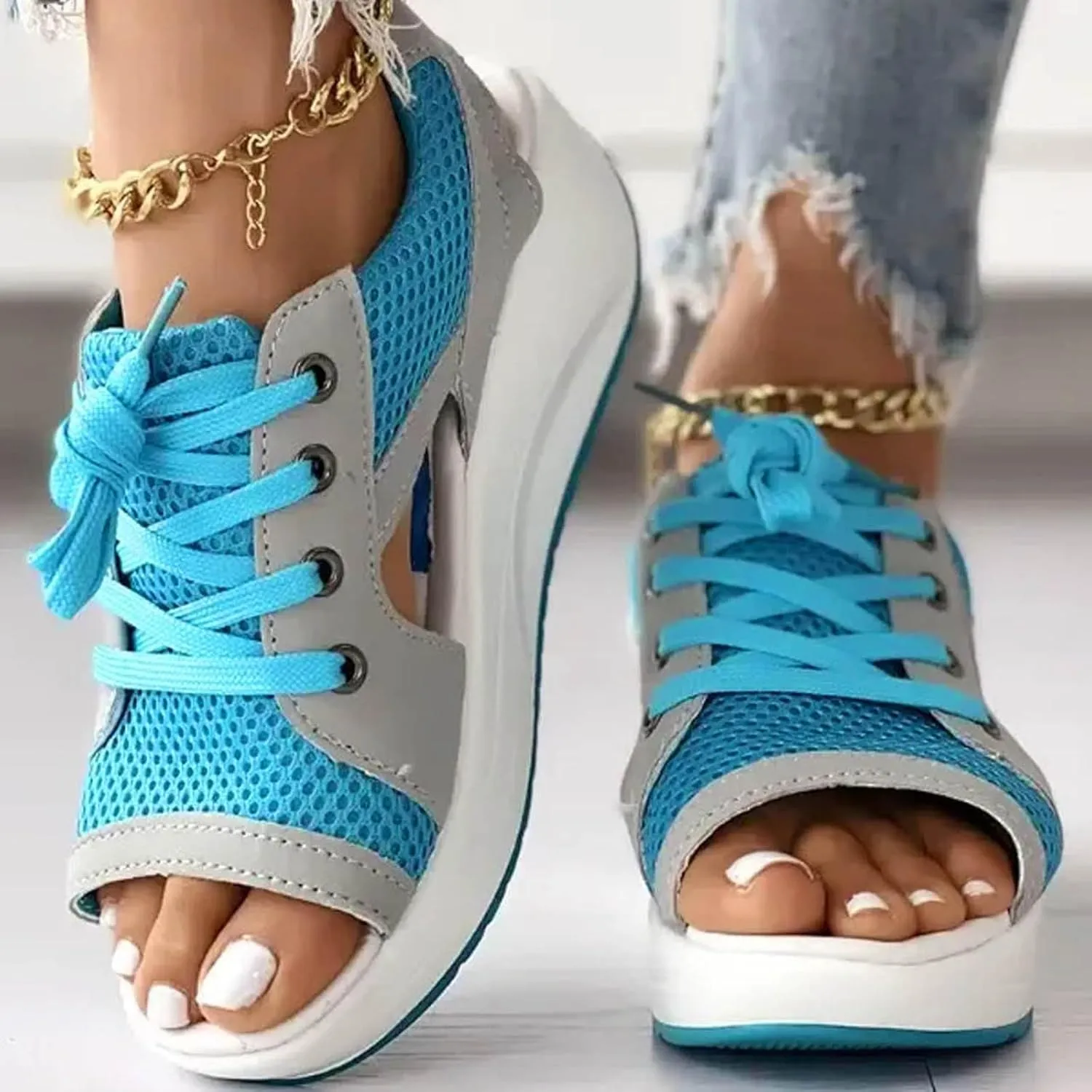 Contrast Paneled Cutout Lace-Up Muffin Sandals for Women Causal Summer Open Toe Platform Muffin Sandal Shoes