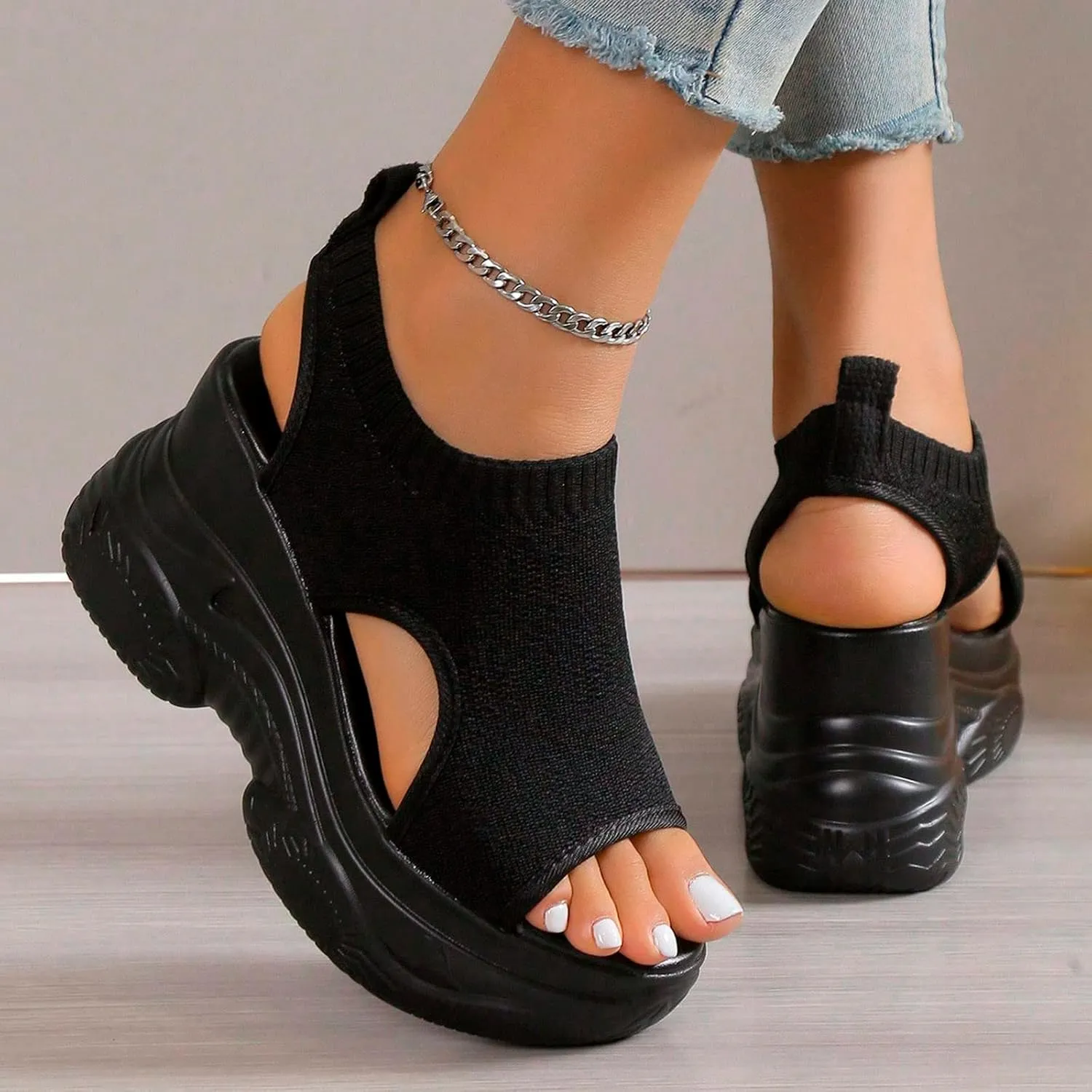Contrast Paneled Cutout Lace-Up Muffin Sandals for Women Causal Summer Open Toe Platform Muffin Sandal Shoes
