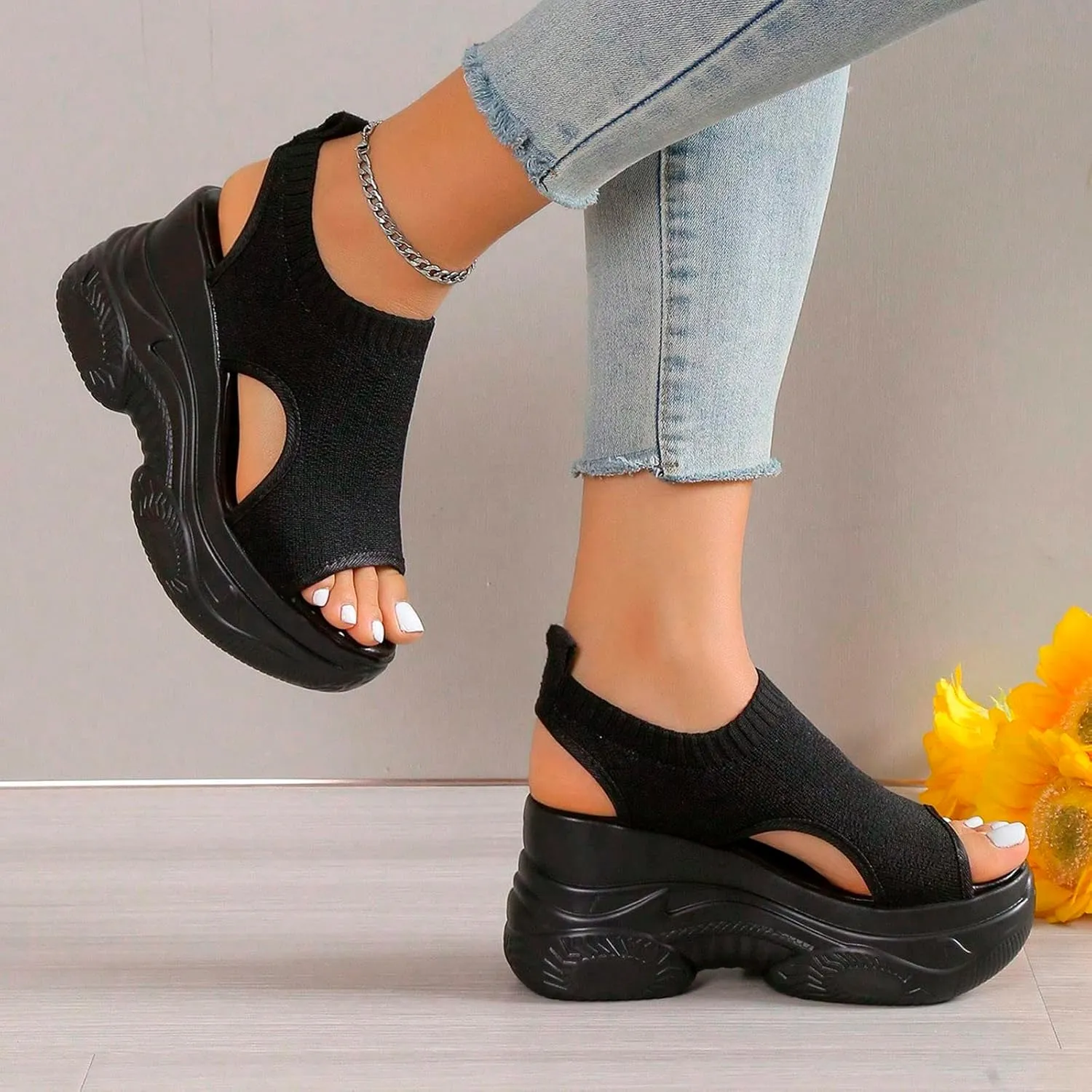 Contrast Paneled Cutout Lace-Up Muffin Sandals for Women Causal Summer Open Toe Platform Muffin Sandal Shoes