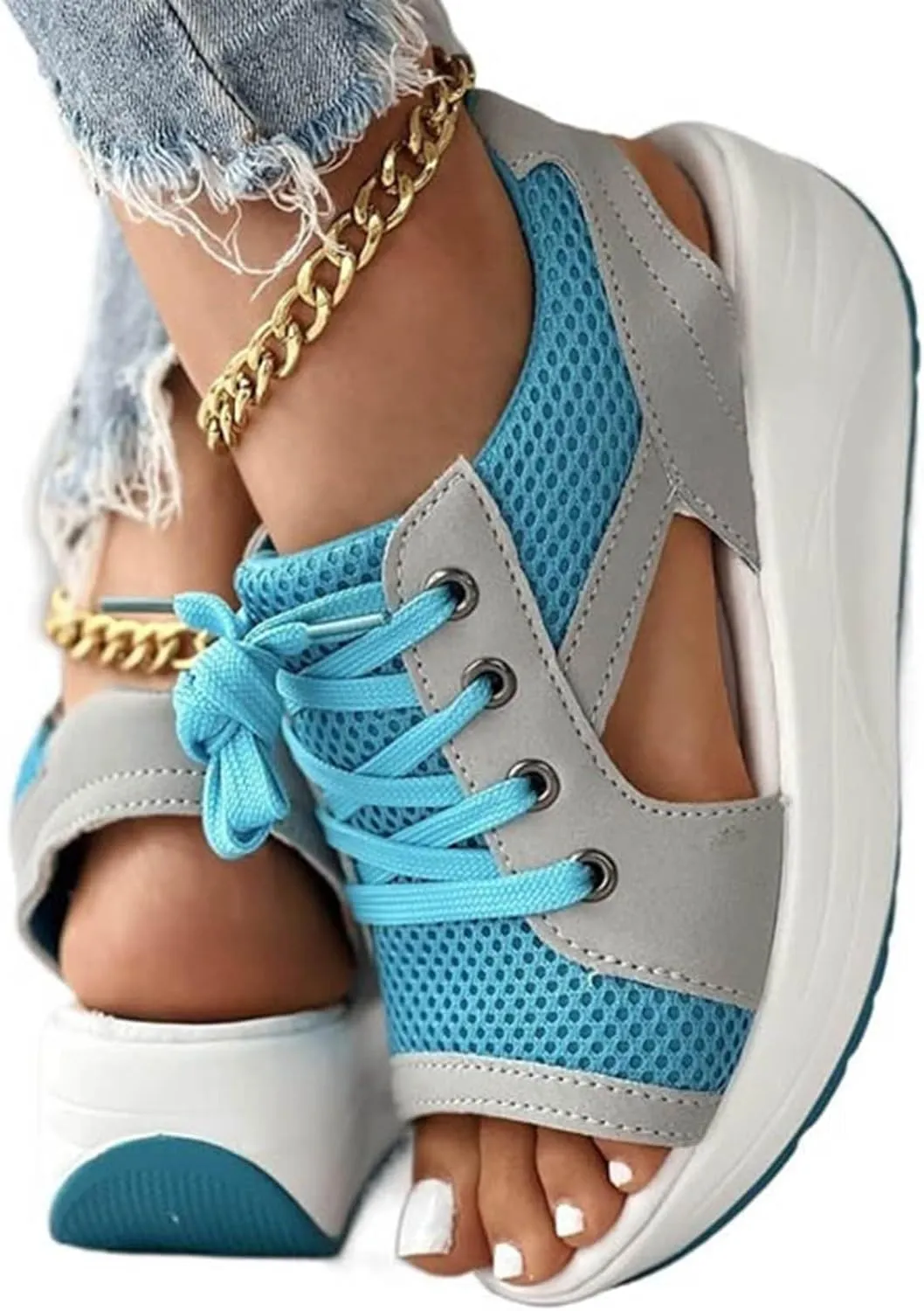 Contrast Paneled Cutout Lace-Up Muffin Sandals for Women Causal Summer Open Toe Platform Muffin Sandal Shoes