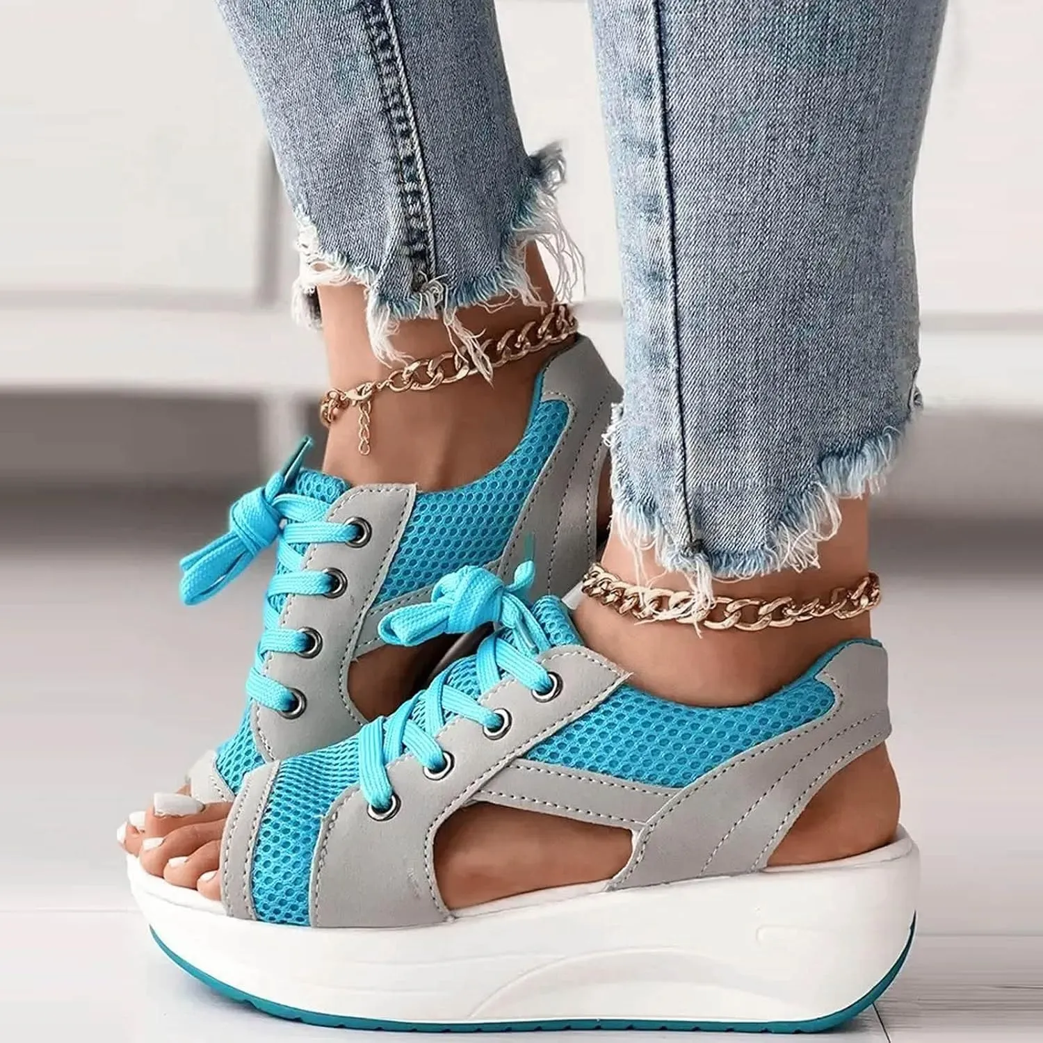 Contrast Paneled Cutout Lace-Up Muffin Sandals for Women Causal Summer Open Toe Platform Muffin Sandal Shoes