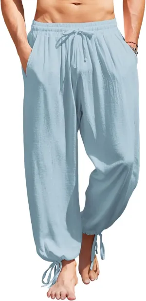 COOFANDY Men's Cotton Linen Pants Casual Harem Pants Elastic Waist Beach Boho Yoga Trousers