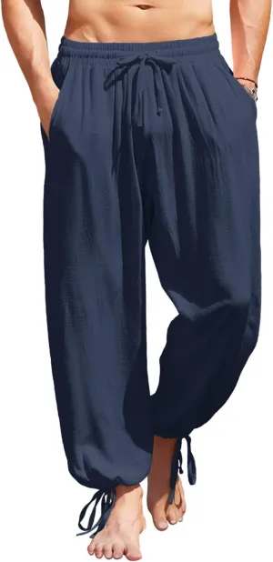COOFANDY Men's Cotton Linen Pants Casual Harem Pants Elastic Waist Beach Boho Yoga Trousers