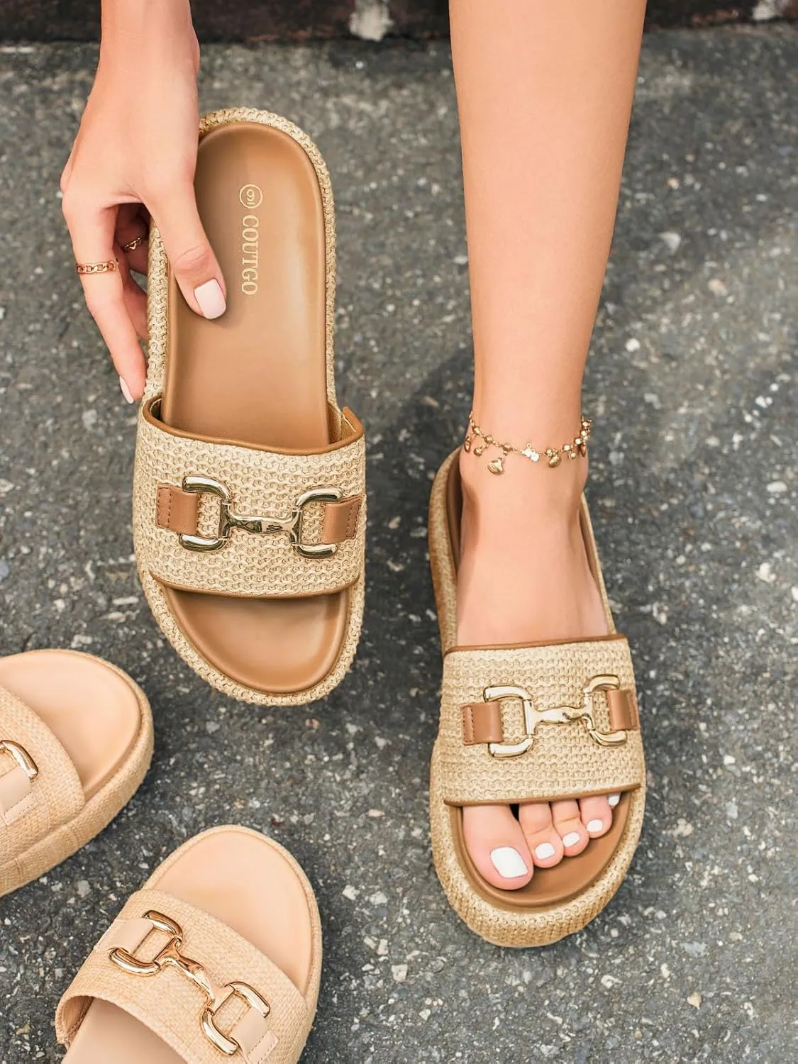 Coutgo Womens Platform Sandals Raffia Espadrilles Metal Chain Slip on Open Toe Cute Beach Slide Sandals