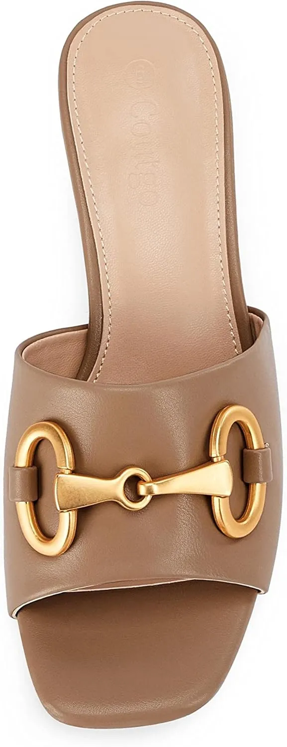 Coutgo Women's Slide Sandals Square Open Toe Slip on Comfortable Mules Block Low Heel Metal Chain Dressy Shoes