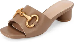 Coutgo Women's Slide Sandals Square Open Toe Slip on Comfortable Mules Block Low Heel Metal Chain Dressy Shoes