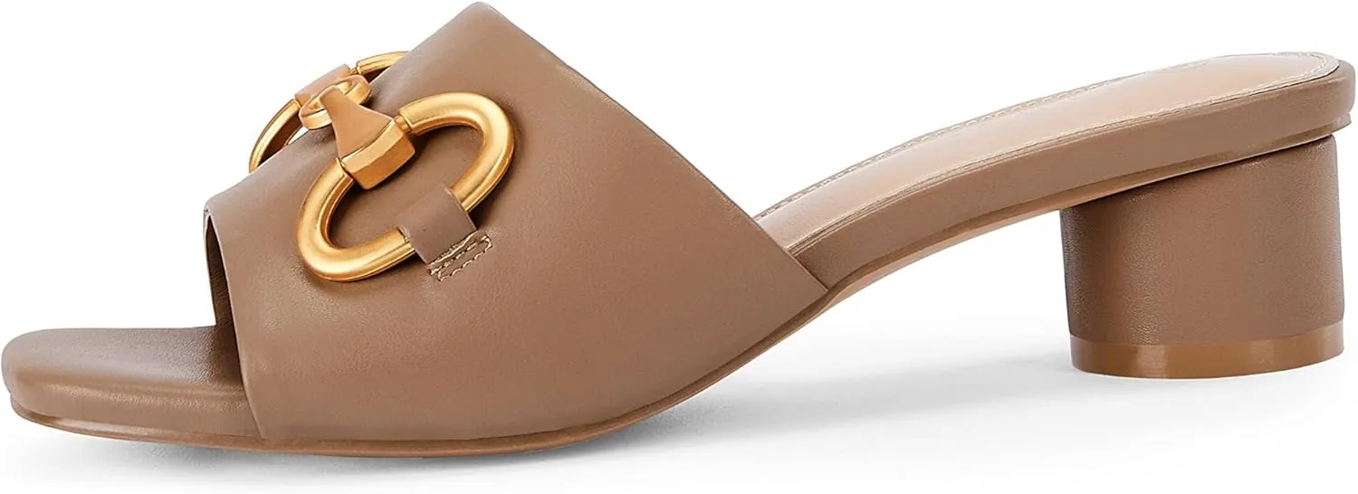 Coutgo Women's Slide Sandals Square Open Toe Slip on Comfortable Mules Block Low Heel Metal Chain Dressy Shoes