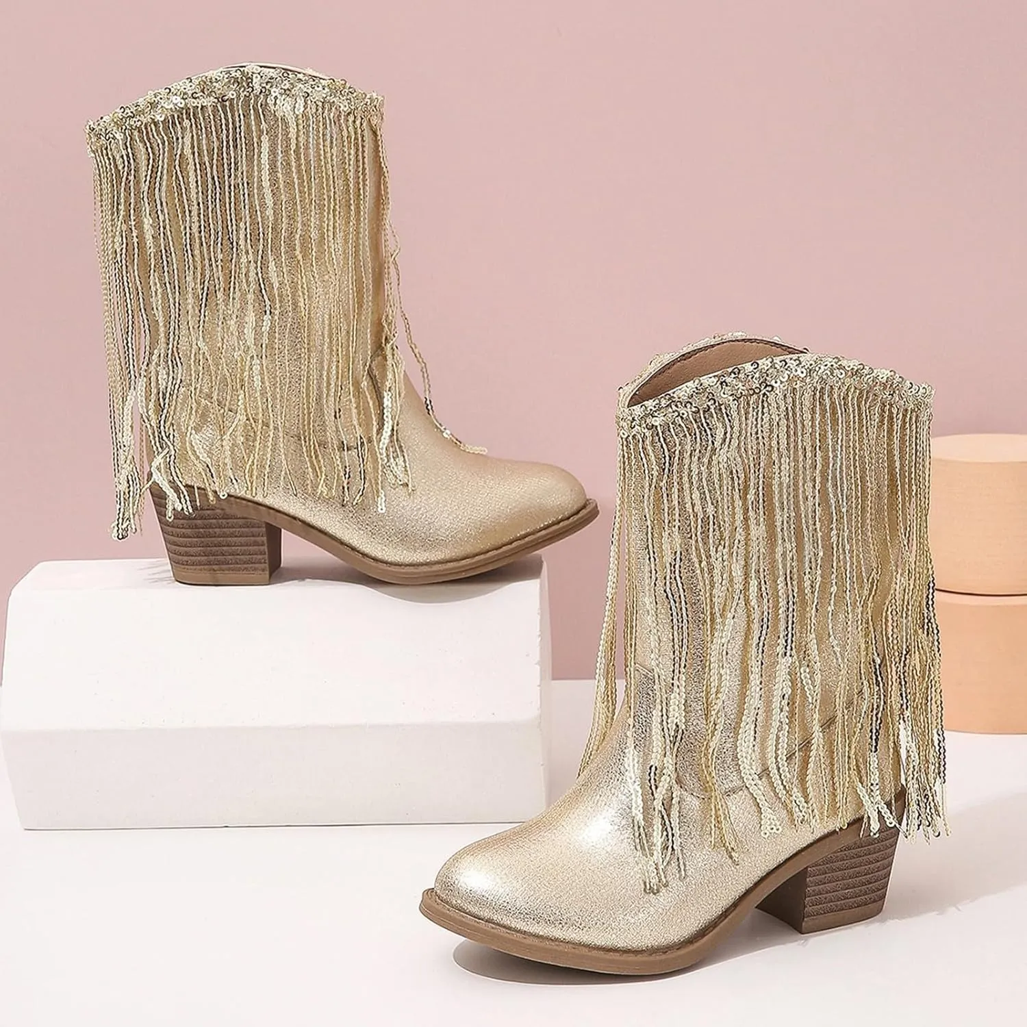 Cowboy Tassel Boots With Side Zipper For Kids Baby Toddler Girls 𝐖aterproof 𝗠occasins Flat Shoes Outdoor Slip On Shoes