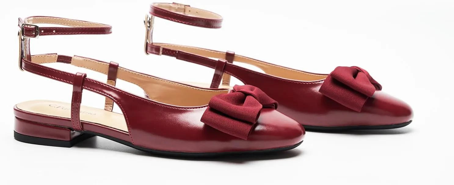 C.Paravano Women's Slingback Flats with Bowknot Flats Sandals Slip on Casual Flats Shoes Detachable Ankle Strap Almond Toe