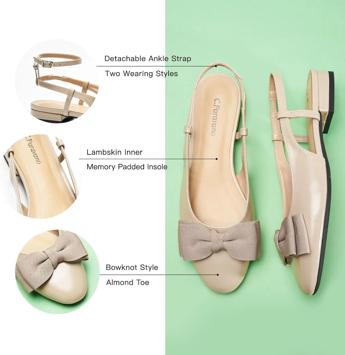 C.Paravano Women's Slingback Flats with Bowknot Flats Sandals Slip on Casual Flats Shoes Detachable Ankle Strap Almond Toe