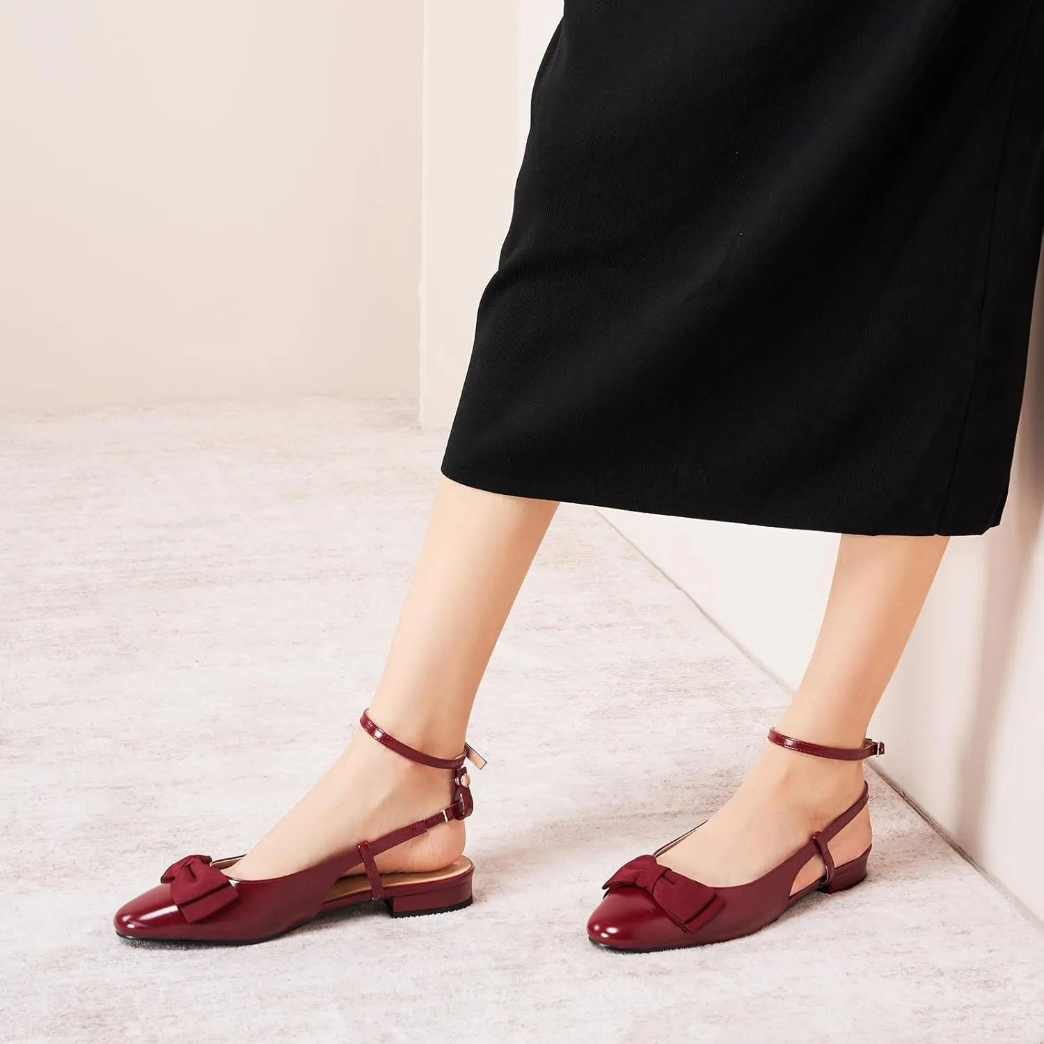 C.Paravano Women's Slingback Flats with Bowknot Flats Sandals Slip on Casual Flats Shoes Detachable Ankle Strap Almond Toe