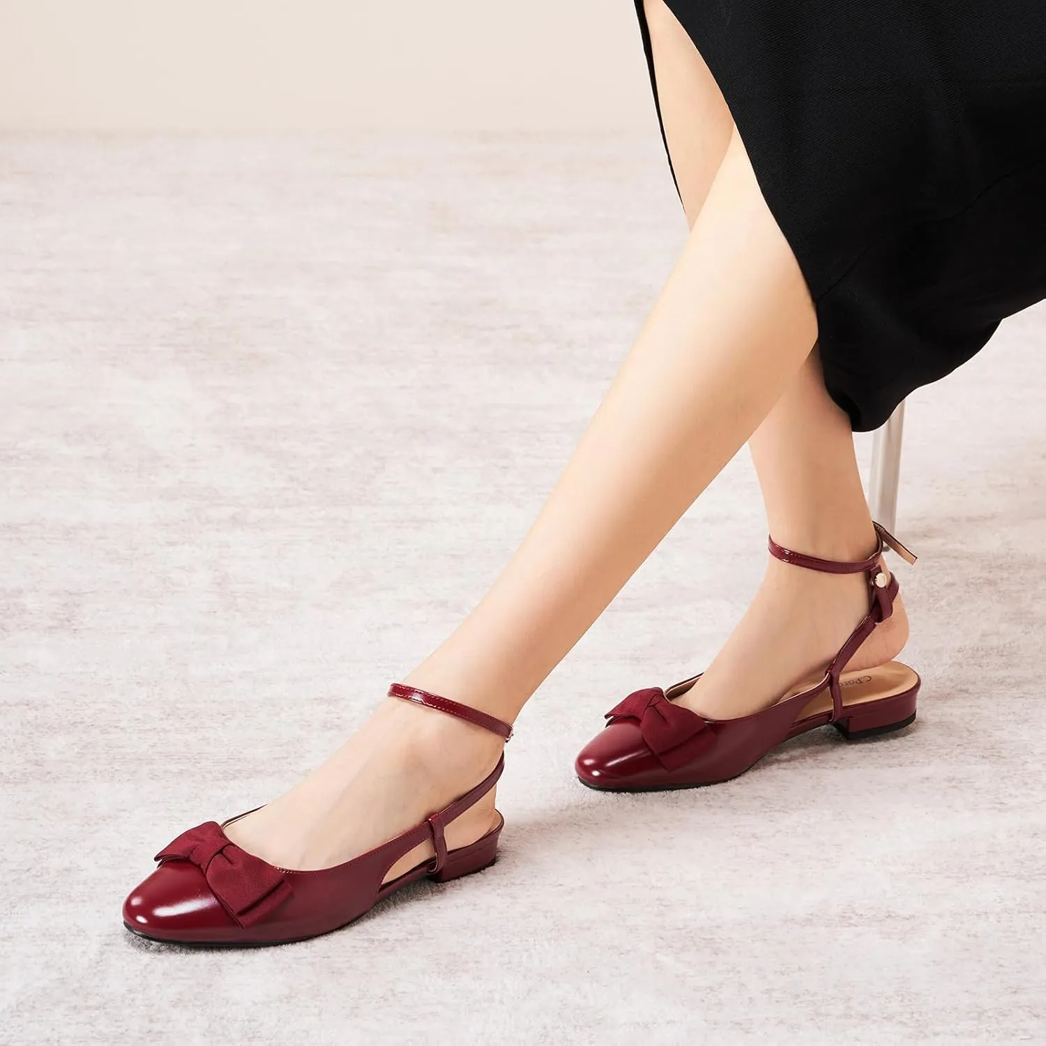 C.Paravano Women's Slingback Flats with Bowknot Flats Sandals Slip on Casual Flats Shoes Detachable Ankle Strap Almond Toe