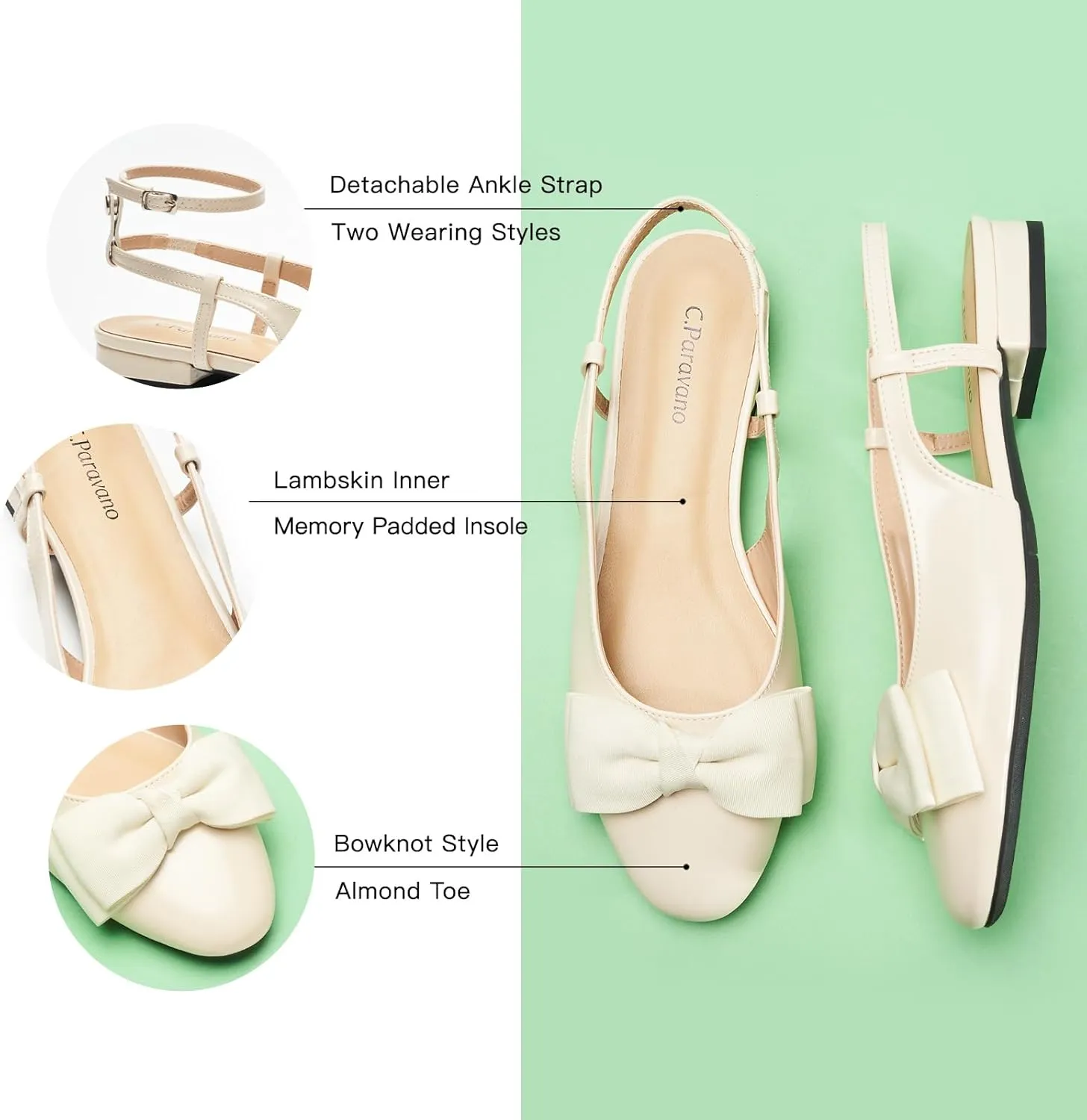 C.Paravano Women's Slingback Flats with Bowknot Flats Sandals Slip on Casual Flats Shoes Detachable Ankle Strap Almond Toe