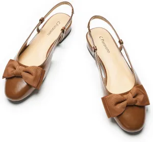 C.Paravano Women's Slingback Flats with Bowknot Flats Sandals Slip on Casual Flats Shoes Detachable Ankle Strap Almond Toe