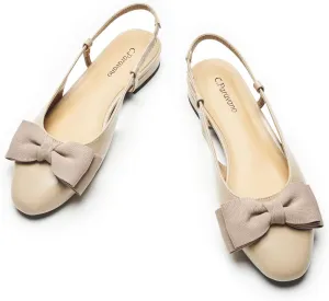 C.Paravano Women's Slingback Flats with Bowknot Flats Sandals Slip on Casual Flats Shoes Detachable Ankle Strap Almond Toe