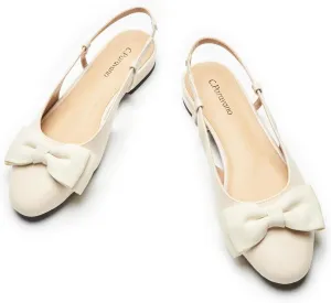 C.Paravano Women's Slingback Flats with Bowknot Flats Sandals Slip on Casual Flats Shoes Detachable Ankle Strap Almond Toe