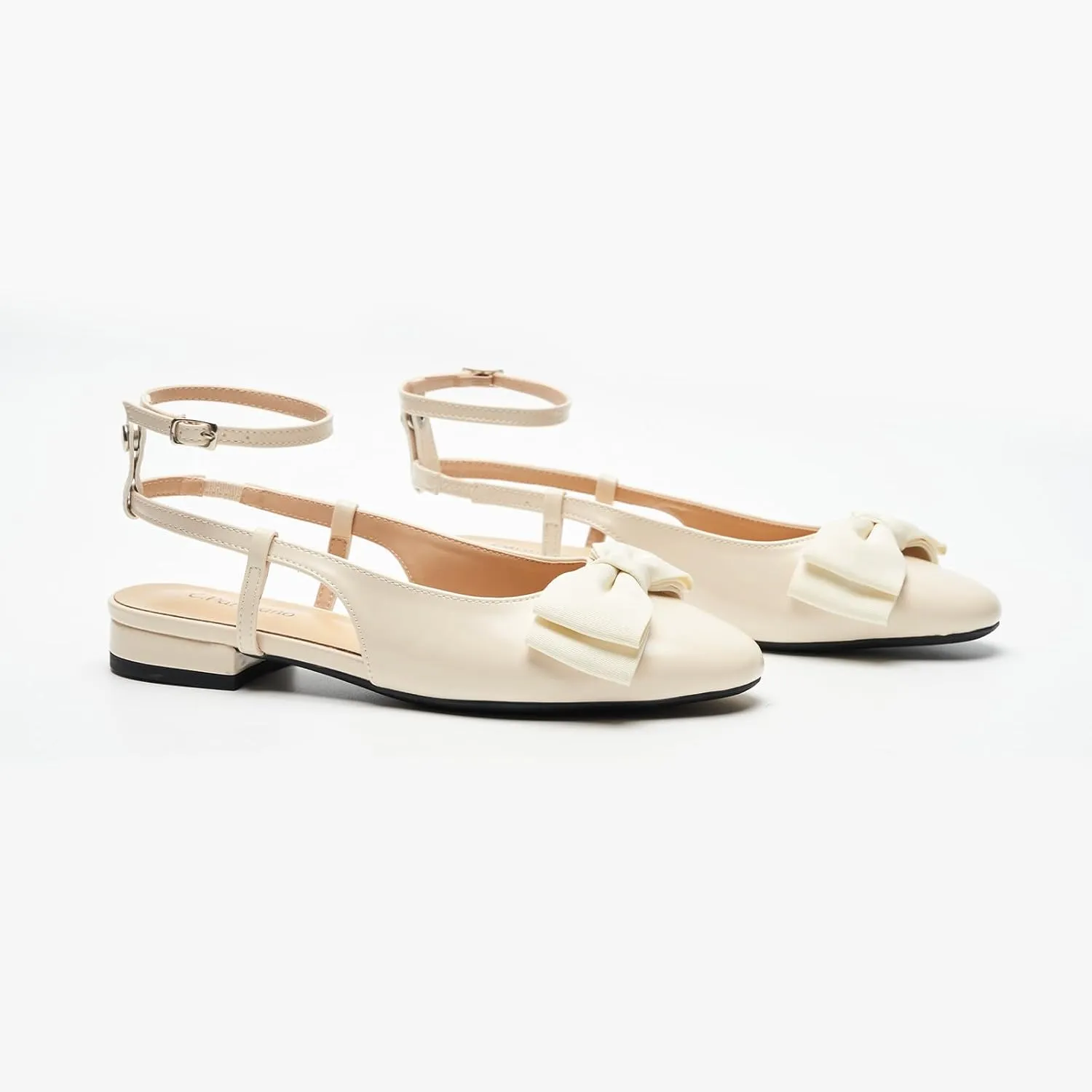 C.Paravano Women's Slingback Flats with Bowknot Flats Sandals Slip on Casual Flats Shoes Detachable Ankle Strap Almond Toe