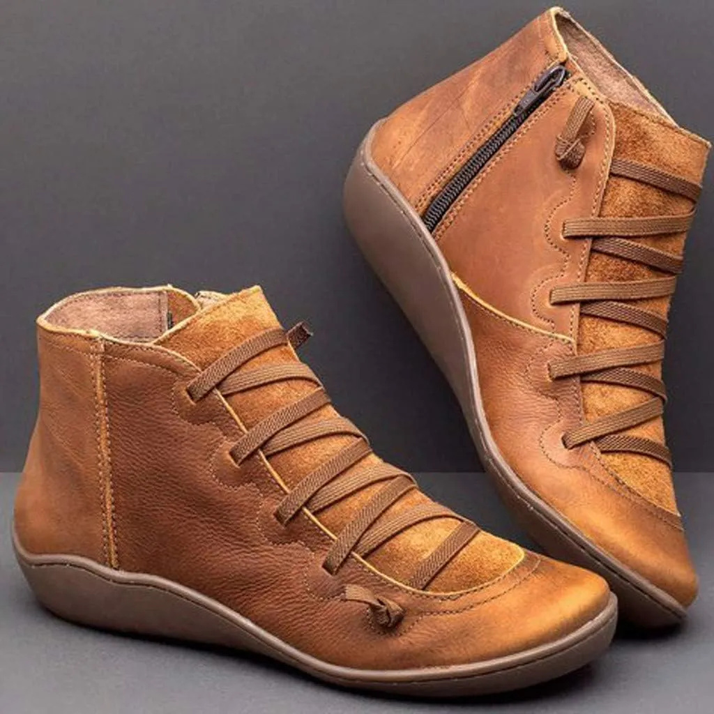 Crzidha Boots for Women 2023 Trendy Side Zipper Lace Up Flat Ankle Boots Arch Support Orthopedic Booties for Plantar Fasciitis Comfy Wide Width Round Toe Lace Up Side Zipper Boots