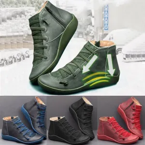 Crzidha Boots for Women 2023 Trendy Side Zipper Lace Up Flat Ankle Boots Arch Support Orthopedic Booties for Plantar Fasciitis Comfy Wide Width Round Toe Lace Up Side Zipper Boots