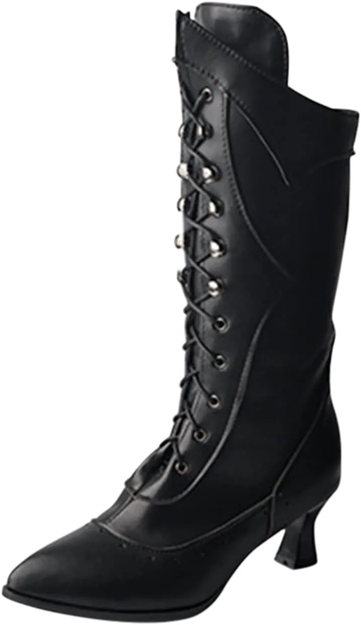 Ctreela Vintage Mid Calf Boots Western Cowboy Bootie Classic Baroque Dress Boot Gothic Knight Boots Witch Boots for Women