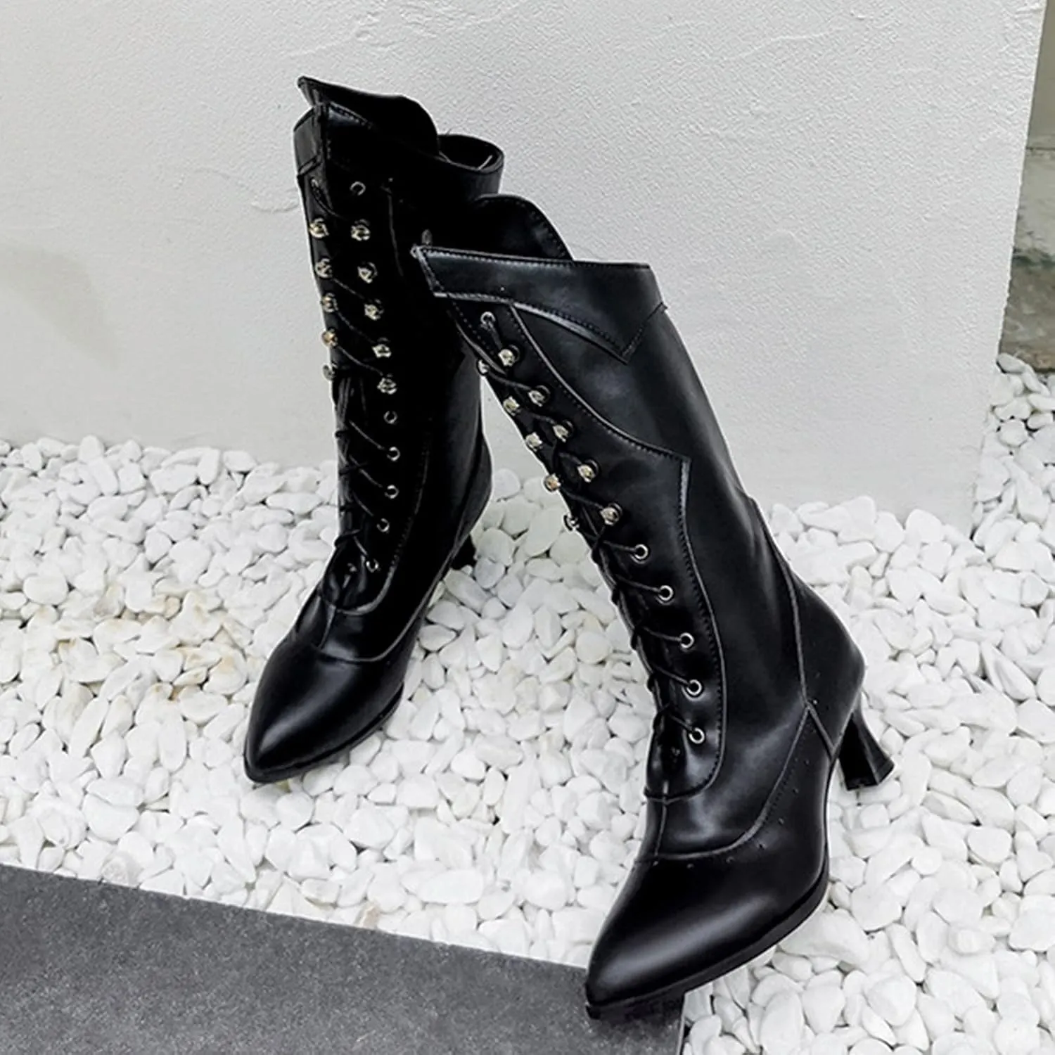Ctreela Vintage Mid Calf Boots Western Cowboy Bootie Classic Baroque Dress Boot Gothic Knight Boots Witch Boots for Women