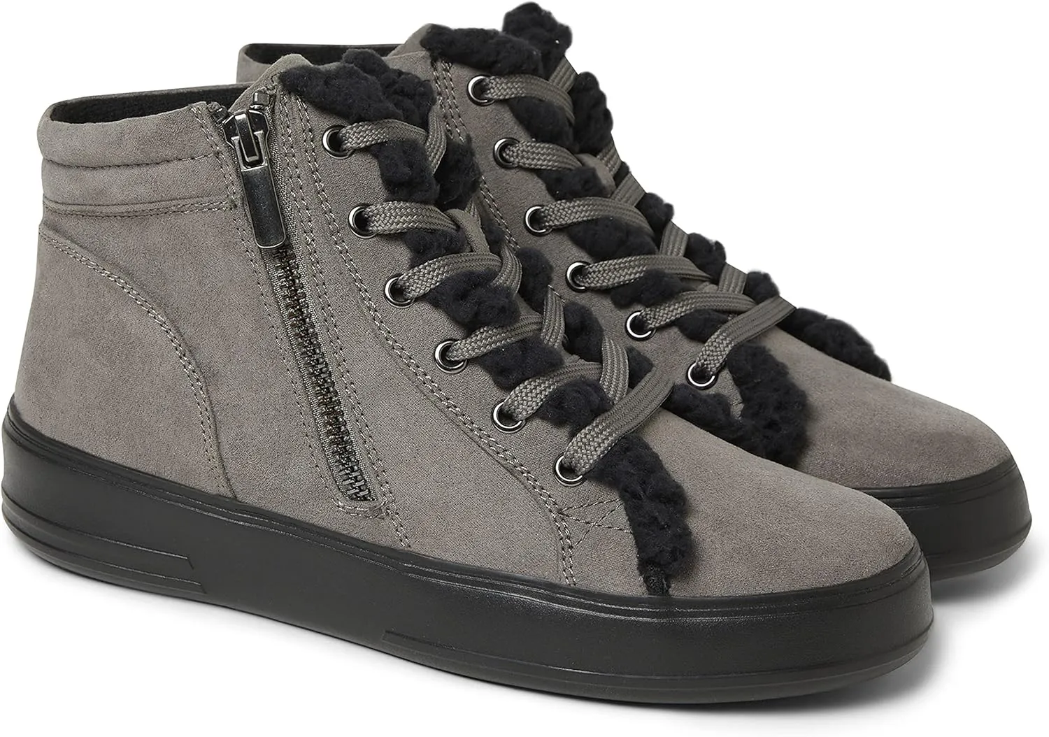 Dearfoams Women's Original Comfort Outside Zip & Lace Bootie with Faux Fur Detail Platform