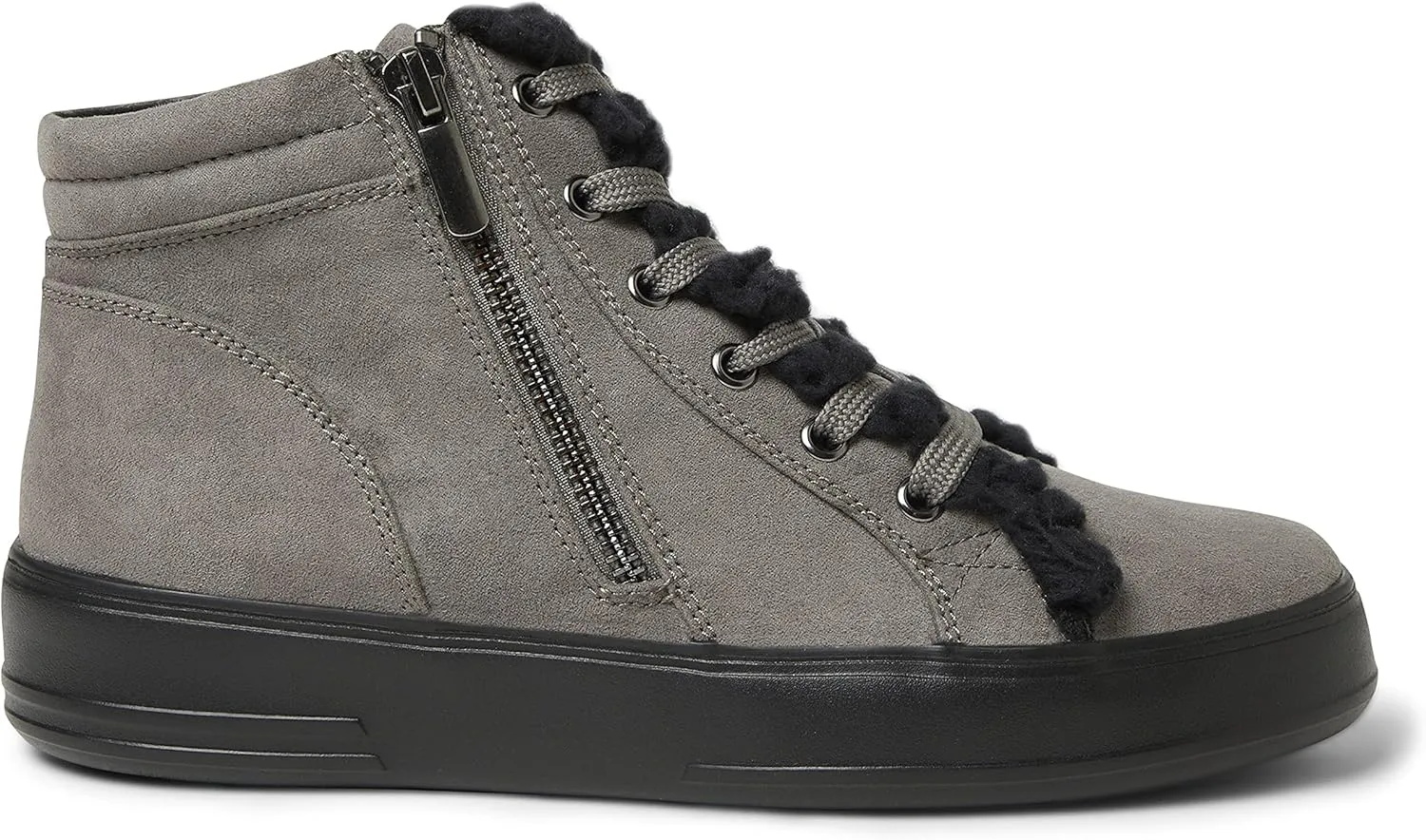 Dearfoams Women's Original Comfort Outside Zip & Lace Bootie with Faux Fur Detail Platform