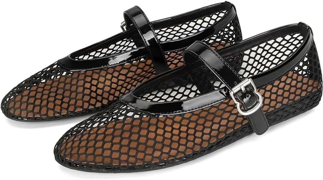 Divanne Ballet Flats for Women, Leopard Ballerina Shoes Crystal-Embellished Mary Jane Flats Mesh Flat Shoes