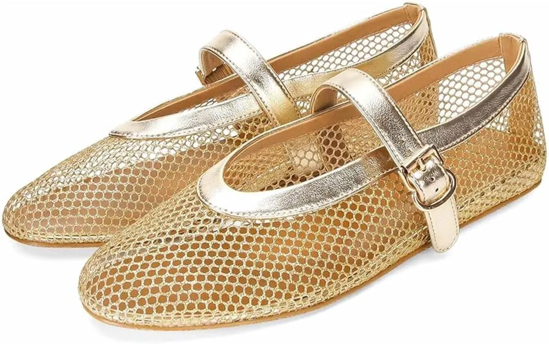 Divanne Ballet Flats for Women, Leopard Ballerina Shoes Crystal-Embellished Mary Jane Flats Mesh Flat Shoes