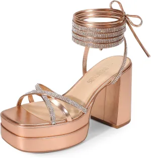 DREAM PAIRS Women's Lace Up Platform Heels Rhinestone High Strappy Chunky Sandal Y2K Shoe for Club Party Date Prom