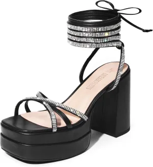 DREAM PAIRS Women's Lace Up Platform Heels Rhinestone High Strappy Chunky Sandal Y2K Shoe for Club Party Date Prom