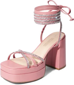 DREAM PAIRS Women's Lace Up Platform Heels Rhinestone High Strappy Chunky Sandal Y2K Shoe for Club Party Date Prom