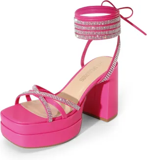 DREAM PAIRS Women's Lace Up Platform Heels Rhinestone High Strappy Chunky Sandal Y2K Shoe for Club Party Date Prom