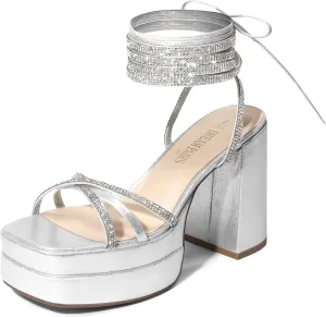 DREAM PAIRS Women's Lace Up Platform Heels Rhinestone High Strappy Chunky Sandal Y2K Shoe for Club Party Date Prom